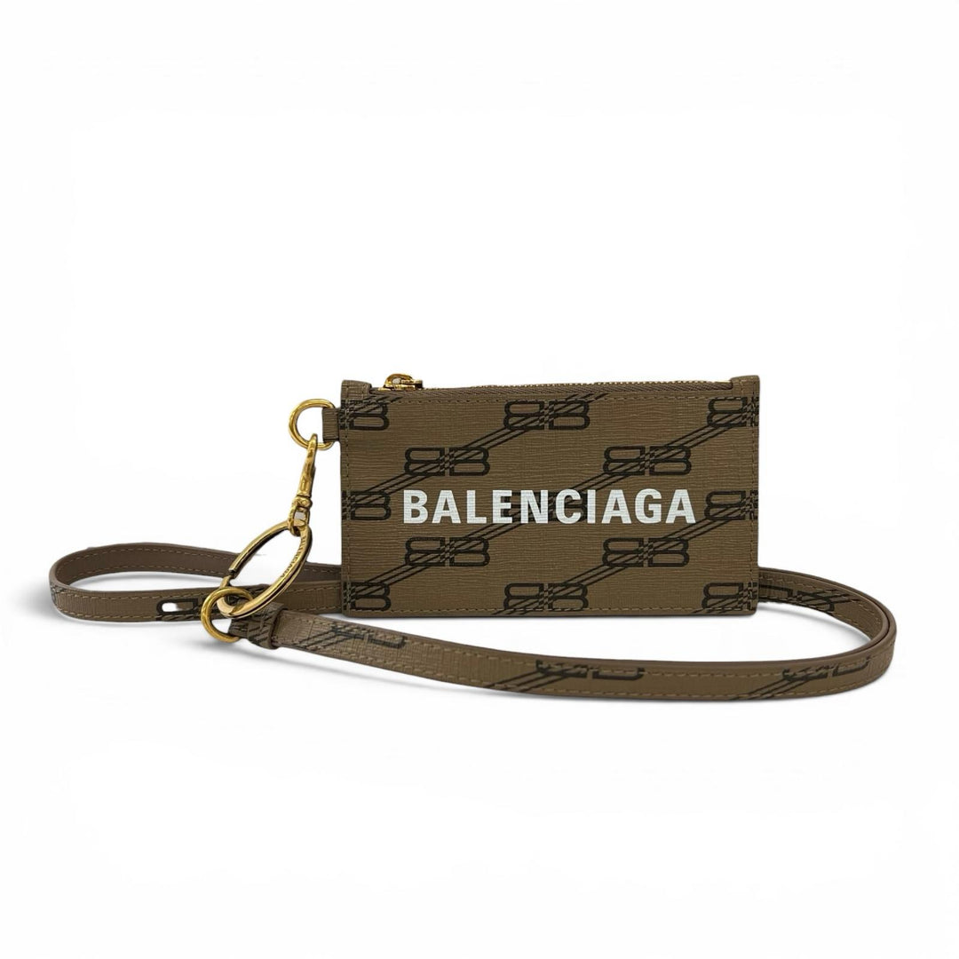 極美品▲BALENCIAGA バレンシアガ 594548 BB柄 ストラップ付 レザー パスケース カードケース ブラウン ゴールド イタリア製 レディース