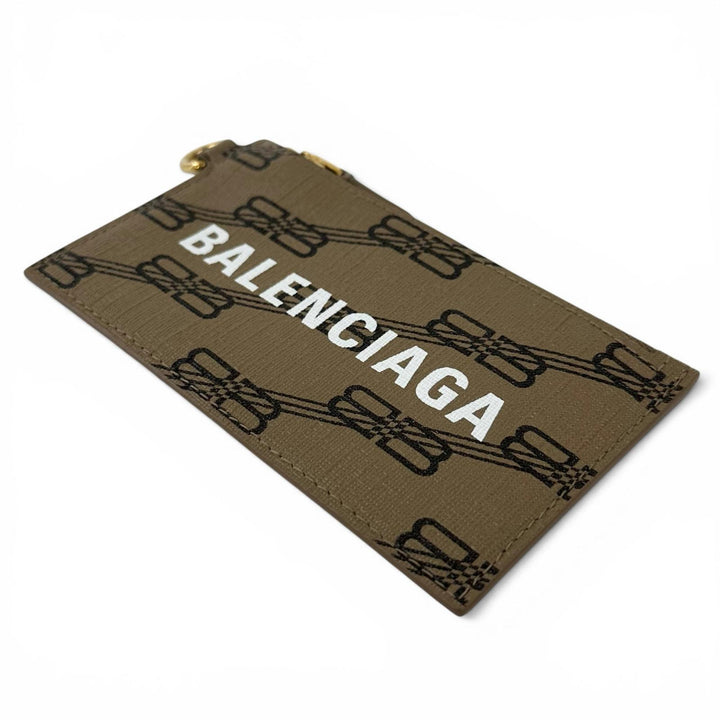 極美品▲BALENCIAGA バレンシアガ 594548 BB柄 ストラップ付 レザー パスケース カードケース ブラウン ゴールド イタリア製 レディース