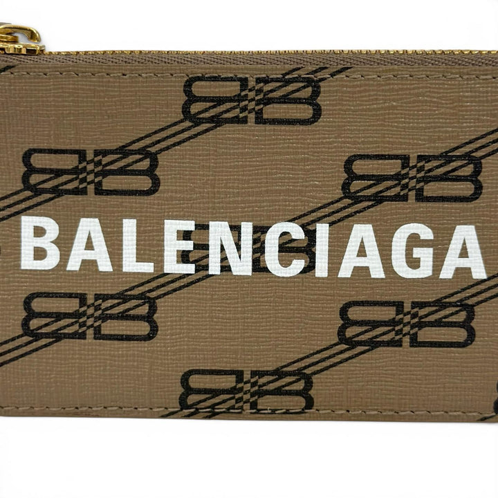 極美品▲BALENCIAGA バレンシアガ 594548 BB柄 ストラップ付 レザー パスケース カードケース ブラウン ゴールド イタリア製 レディース
