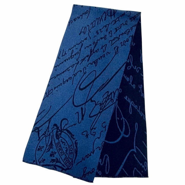 美品△BERLUTI ベルルッティ ウール100% カリグラフィ ロング マフラー ストール ショール ブルー ネイビー 伊製 正規品 メンズ オススメ