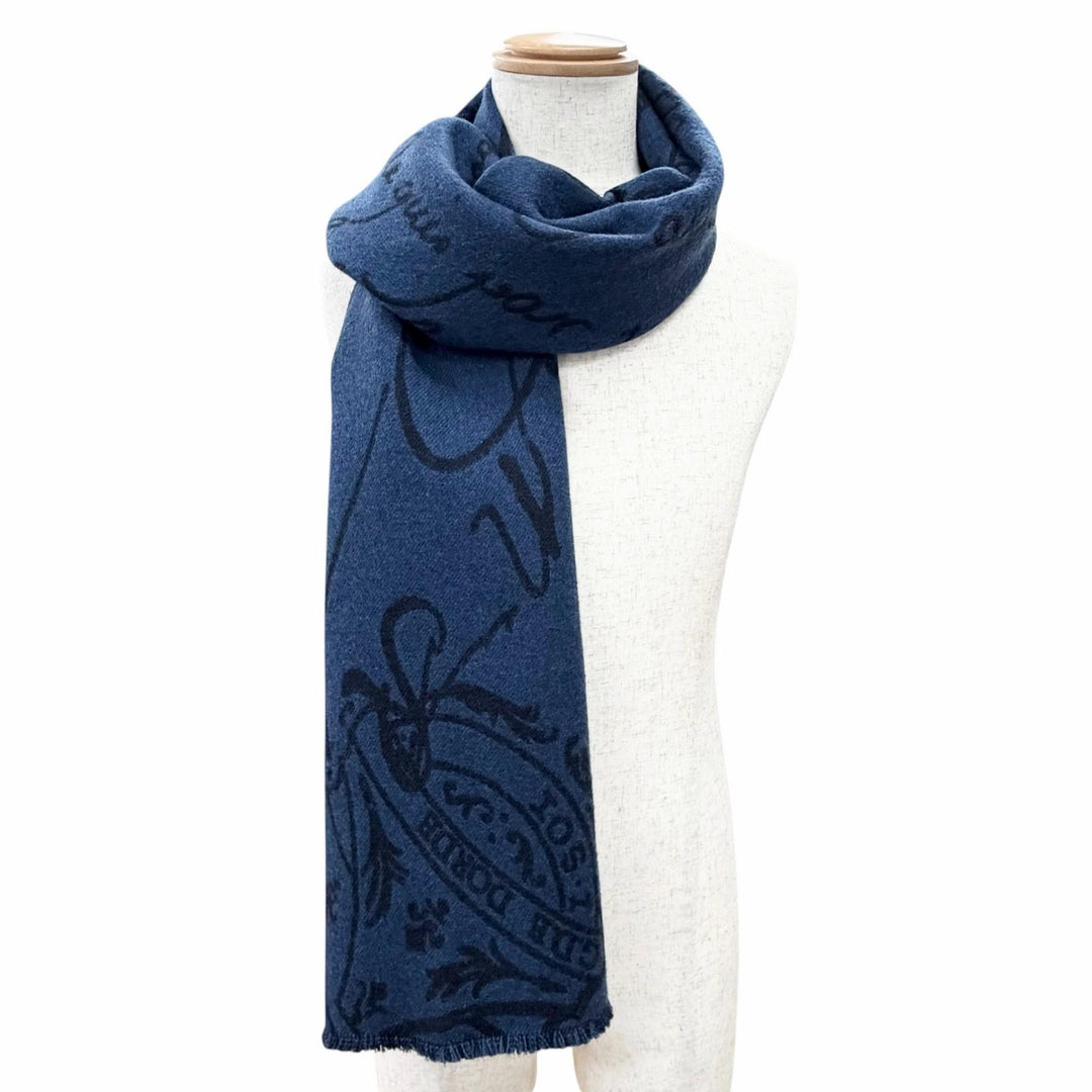 美品△BERLUTI ベルルッティ ウール100% カリグラフィ ロング マフラー ストール ショール ブルー ネイビー 伊製 正規品 メンズ オススメ