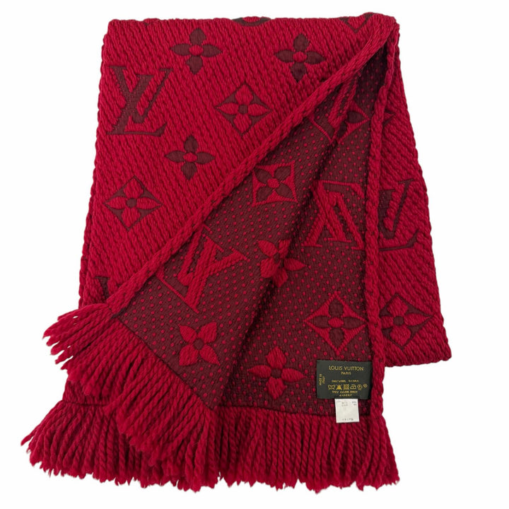 美品☆LOUIS VUITTON ルイヴィトン 413287 エシャルプ ロゴマニア ウール シルク ルビー フリンジ付 マフラー 伊製 正規品 レディース