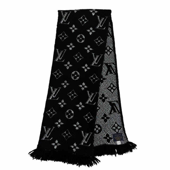 良品☆LOUIS VUITTON ルイヴィトン M75833 エシャルプ ロゴマニア シャイン ウール シルク マフラー ブラック イタリア製 正規品