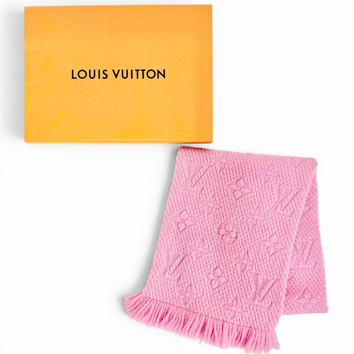 美品△LOUIS VUITTON ルイヴィトン M73659 エシャルプ ロゴマニア ウール シルク モノグラム フリンジ マフラー ピンク 伊製 正規品