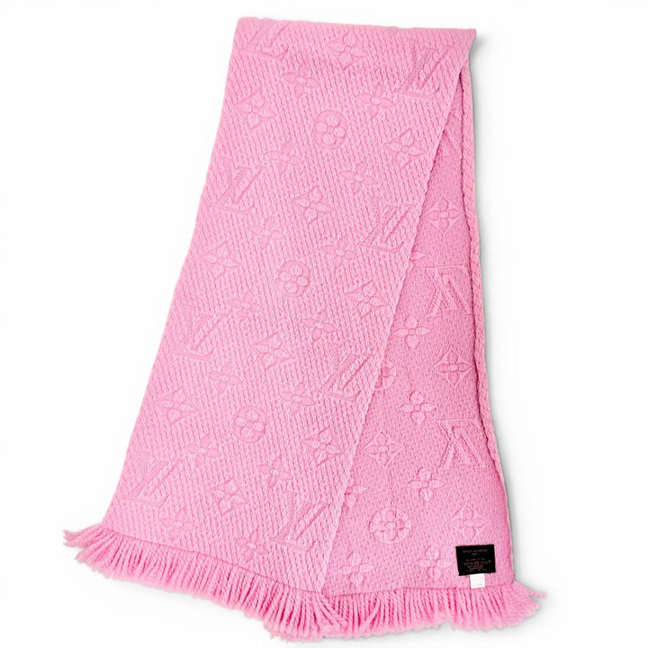 美品△LOUIS VUITTON ルイヴィトン M73659 エシャルプ ロゴマニア ウール シルク モノグラム フリンジ マフラー ピンク 伊製 正規品