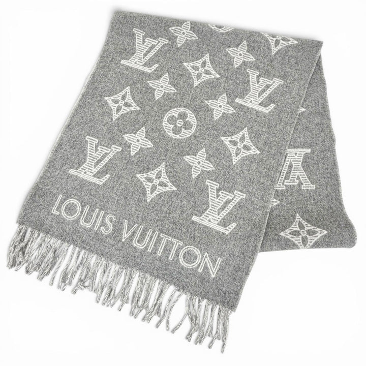 未使用品△LOUIS VUITTON ルイヴィトン 2023年製 M79126 マフラー モノグラム シャドウ ウール カシミヤ 大判 ショール グリ 英国製 正規品