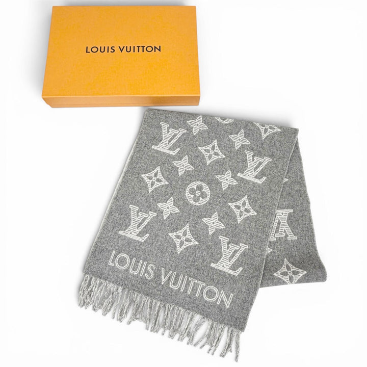 未使用品△LOUIS VUITTON ルイヴィトン 2023年製 M79126 マフラー モノグラム シャドウ ウール カシミヤ 大判 ショール グリ 英国製 正規品