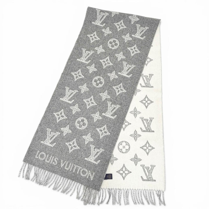 未使用品△LOUIS VUITTON ルイヴィトン 2023年製 M79126 マフラー モノグラム シャドウ ウール カシミヤ 大判 ショール グリ 英国製 正規品