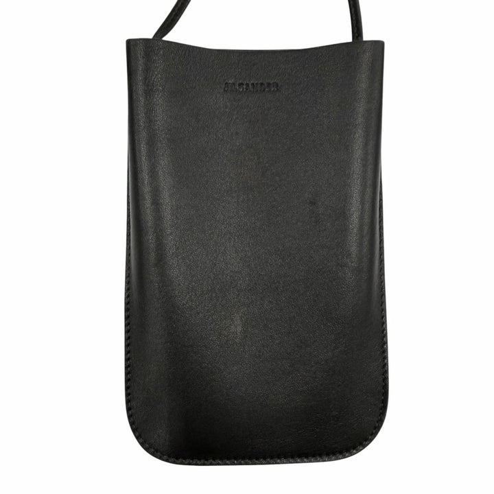 美品◇JIL SANDER ジルサンダー GIRO PHONE CASE ロゴプリント レザー ショルダー携帯ケース フォンポーチ 黒 イタリア製 レディース