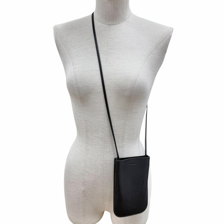 美品◇JIL SANDER ジルサンダー GIRO PHONE CASE ロゴプリント レザー ショルダー携帯ケース フォンポーチ 黒 イタリア製 レディース