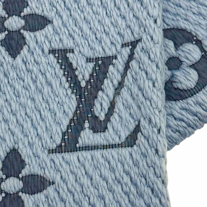 美品★LOUIS VUITTON ルイヴィトン M75702 エシャルプ ロゴマニア ウール シルク混 LVロゴ フリンジ付 マフラー ライトブルー イタリア製