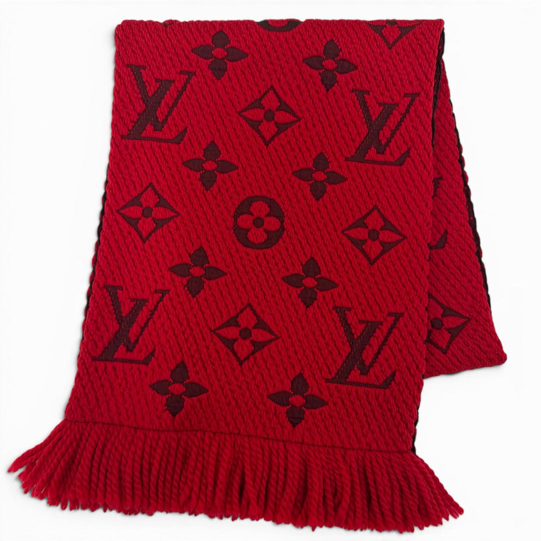 極美品☆LOUIS VUITTON ルイヴィトン M72432 エシャルプ・ロゴマニア ウール シルク ルビー マフラー イタリア製 正規品 レディース 箱付