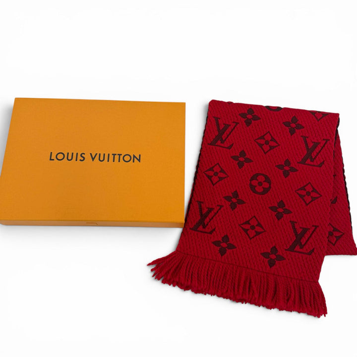 極美品☆LOUIS VUITTON ルイヴィトン M72432 エシャルプ・ロゴマニア ウール シルク ルビー マフラー イタリア製 正規品 レディース 箱付