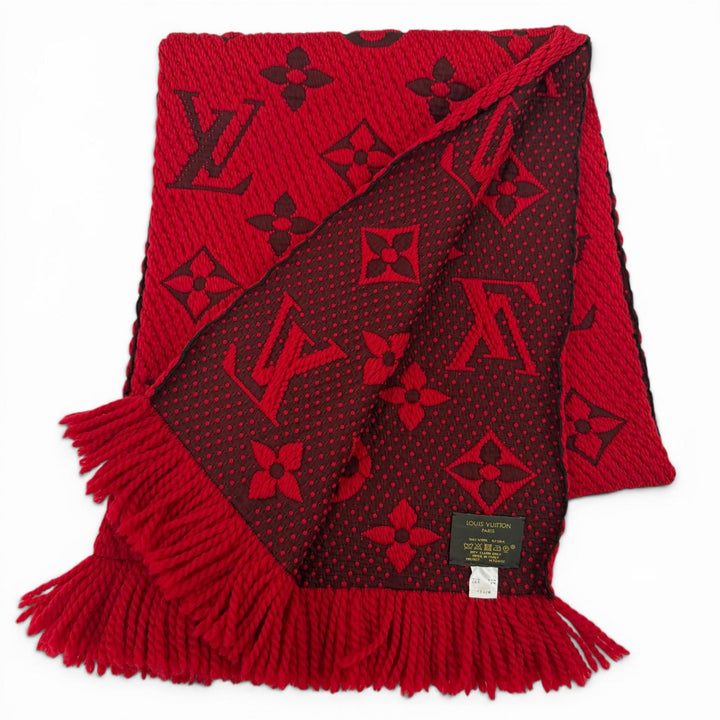 極美品☆LOUIS VUITTON ルイヴィトン M72432 エシャルプ・ロゴマニア ウール シルク ルビー マフラー イタリア製 正規品 レディース 箱付