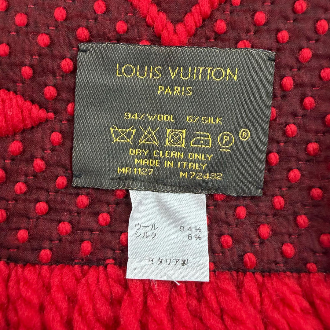 極美品☆LOUIS VUITTON ルイヴィトン M72432 エシャルプ・ロゴマニア ウール シルク ルビー マフラー イタリア製 正規品 レディース 箱付