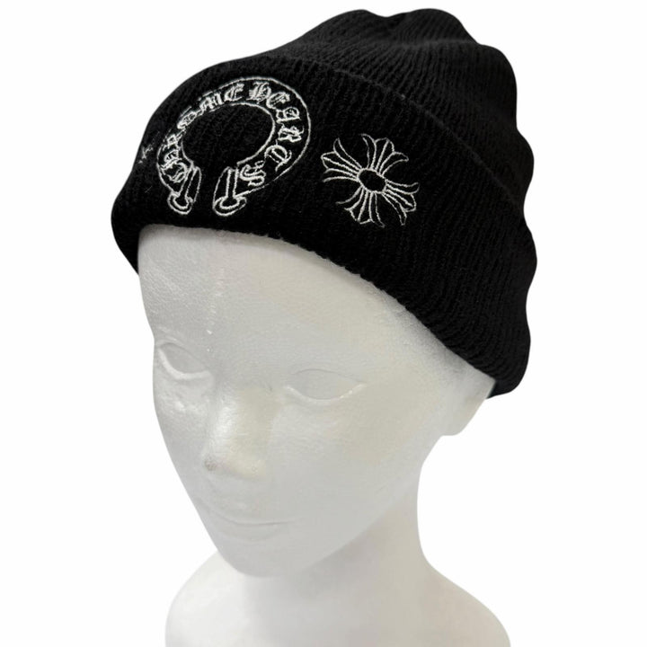 美品□CHROME HEARTS クロムハーツ ウール ホースシュー CHプラス エンブロイダリー ビーニー ニットキャップ ブラック OS USA製 メンズ