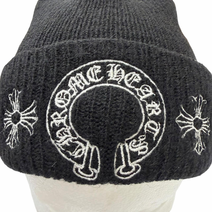 美品□CHROME HEARTS クロムハーツ ウール ホースシュー CHプラス エンブロイダリー ビーニー ニットキャップ ブラック OS USA製 メンズ