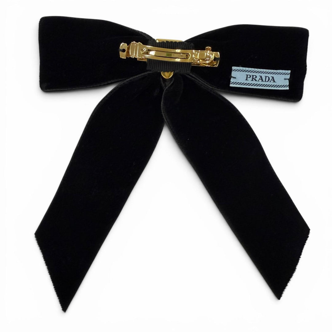 美品☆PRADA プラダ 1IF154 ベルベット ヘアクリップ トライアングルロゴ バレッタ ブラック ゴールド金具 レディース