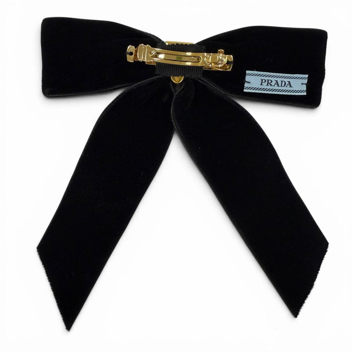 美品☆PRADA プラダ 1IF154 ベルベット ヘアクリップ トライアングルロゴ バレッタ ブラック ゴールド金具 レディース