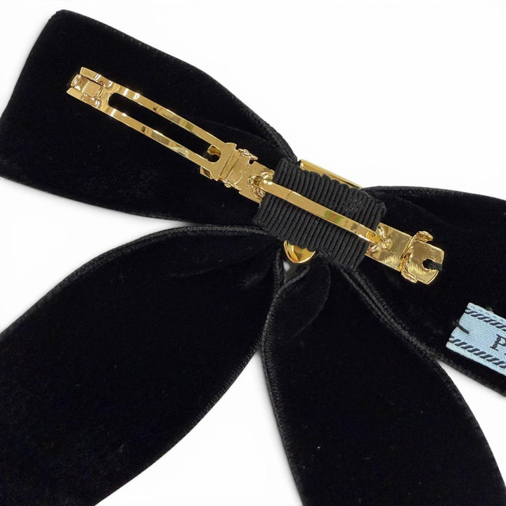 美品☆PRADA プラダ 1IF154 ベルベット ヘアクリップ トライアングルロゴ バレッタ ブラック ゴールド金具 レディース