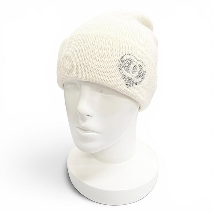 美品△CHANEL シャネル カシミヤ100% ココマーク ハートラインストーン ニット帽 ニットキャップ ホワイト イタリア製 正規品 箱付き