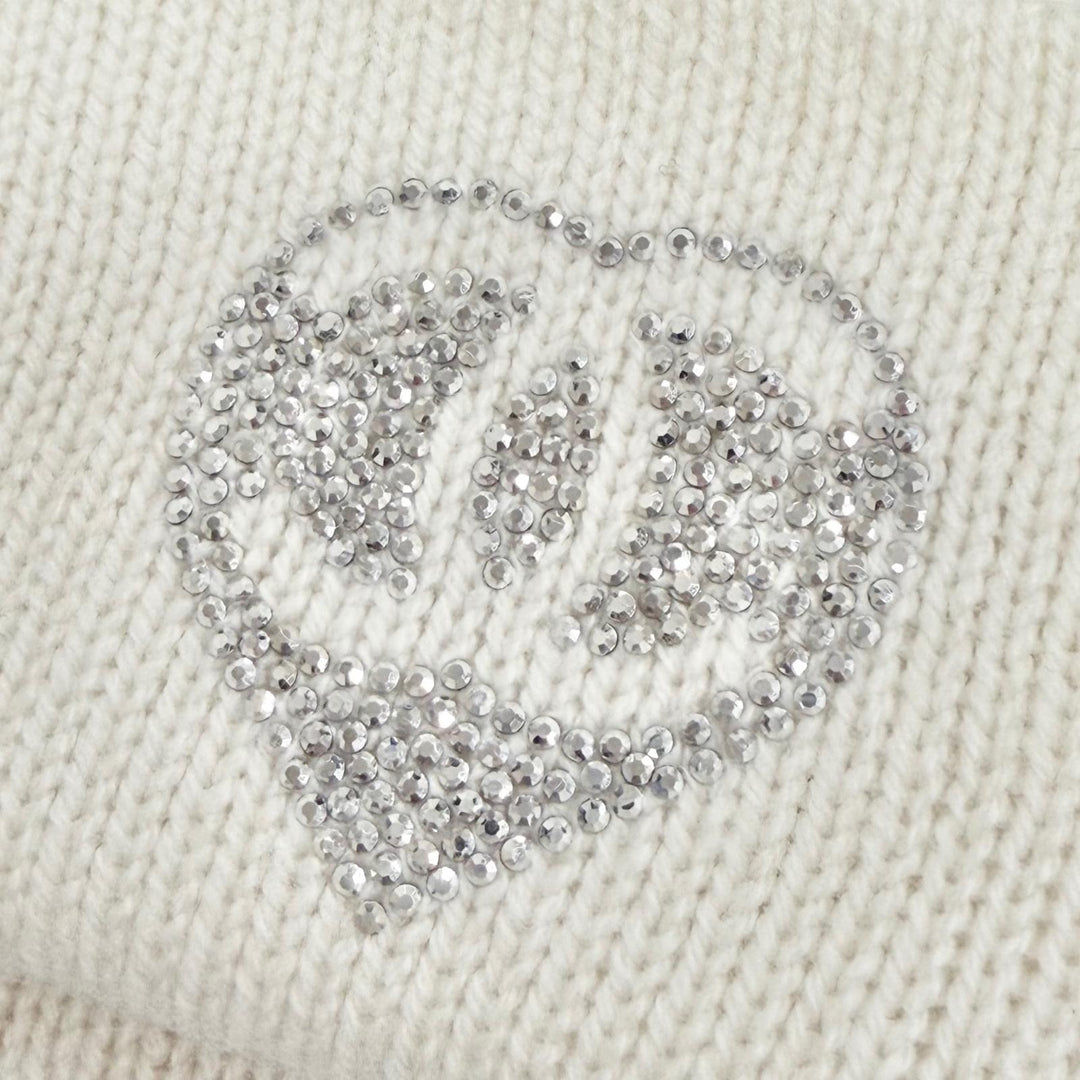 美品△CHANEL シャネル カシミヤ100% ココマーク ハートラインストーン ニット帽 ニットキャップ ホワイト イタリア製 正規品 箱付き