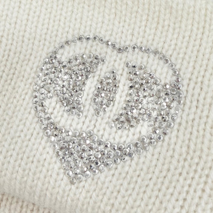 美品△CHANEL シャネル カシミヤ100% ココマーク ハートラインストーン ニット帽 ニットキャップ ホワイト イタリア製 正規品 箱付き