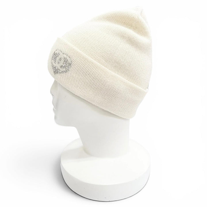 美品△CHANEL シャネル カシミヤ100% ココマーク ハートラインストーン ニット帽 ニットキャップ ホワイト イタリア製 正規品 箱付き