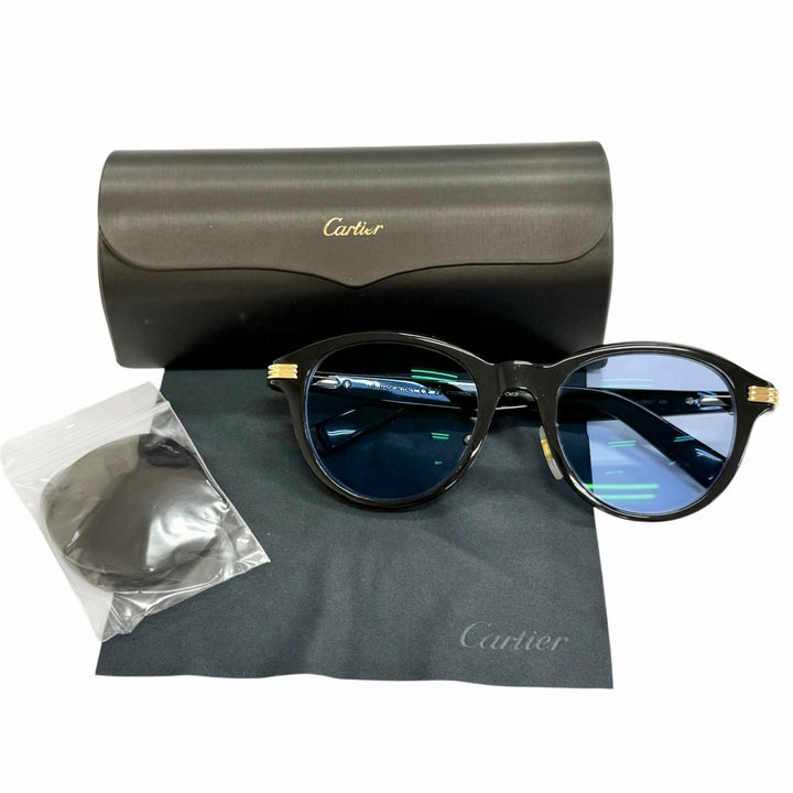良品△Cartier カルティエ CT0395SA プルミエール ドゥカルティエ ボストン サングラス ブラック レンズ：ブルー 53□21-145 度入り 伊製