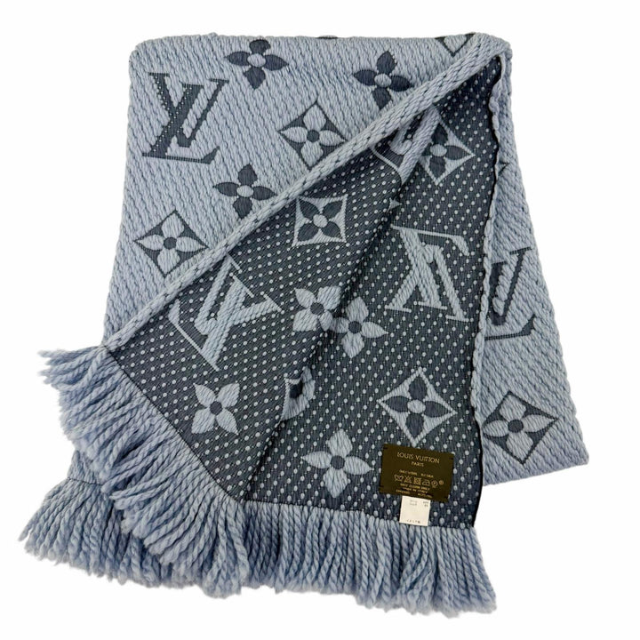 美品☆LOUIS VUITTON ルイヴィトン M75702 エシャルプ ロゴマニア ウール シルク フリンジ付 マフラー ブルー 伊製 正規品 レディース