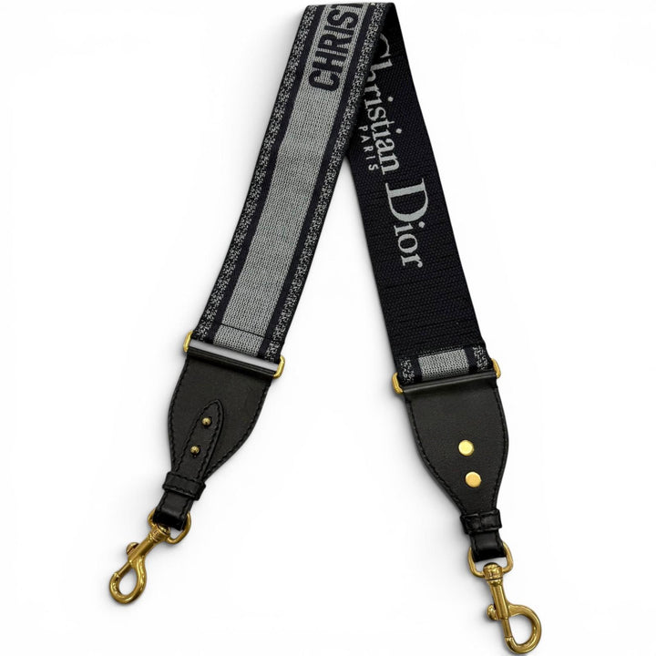美品▼Christian Dior クリスチャンディオール キャンバス レザー エンブロイダリー ショルダーストラップ ネイビー グレー ゴールド金具