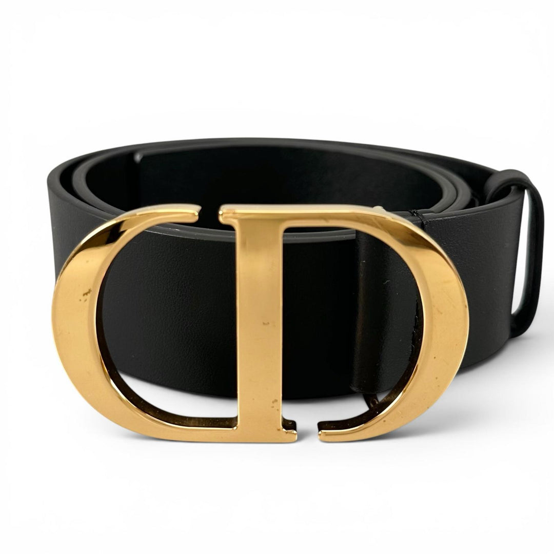 美品▲Christian Dior クリスチャンディオール 30 MONTAIGNE CDロゴバックル レザー ベルト ブラック ゴールド金具 70 伊製 レディース
