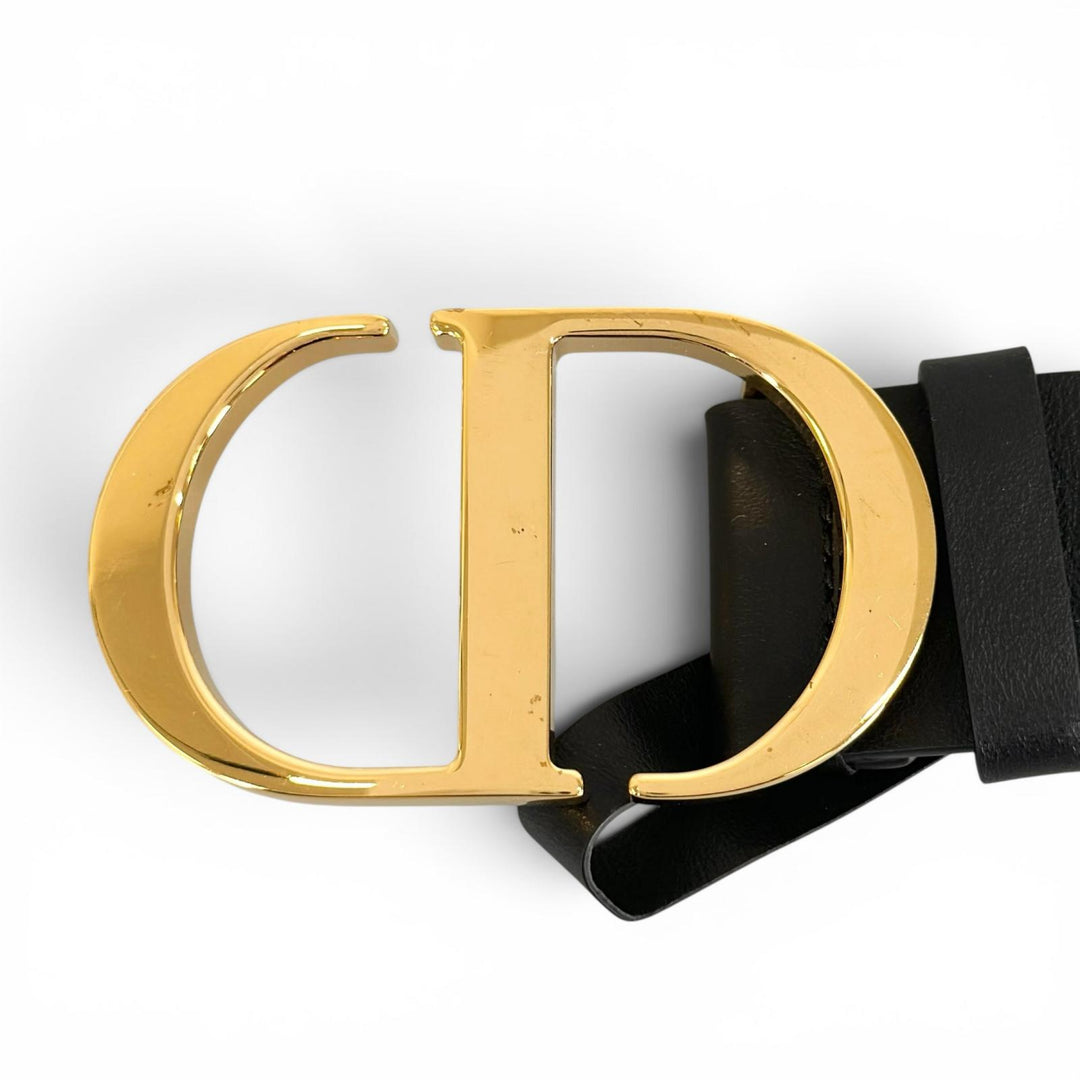 美品▲Christian Dior クリスチャンディオール 30 MONTAIGNE CDロゴバックル レザー ベルト ブラック ゴールド金具 70 伊製 レディース