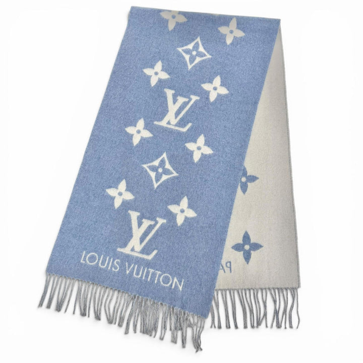 美品△LOUIS VUITTON ルイヴィトン M75704 エシャルプ レイキャビック カシミヤ100％ モノグラム フリンジ マフラー ブルー 正規品