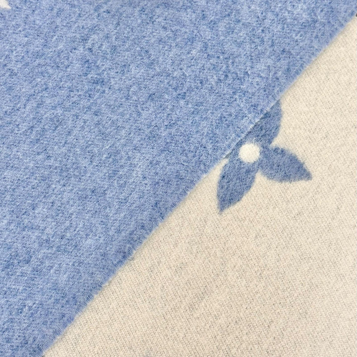 美品△LOUIS VUITTON ルイヴィトン M75704 エシャルプ レイキャビック カシミヤ100％ モノグラム フリンジ マフラー ブルー 正規品