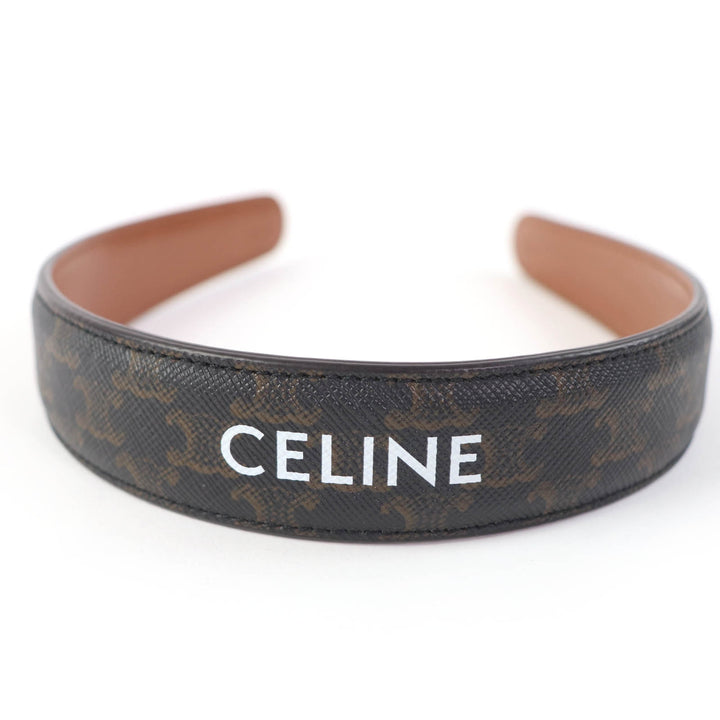 極美品☆CELINE セリーヌ 2022年製 46Z952CCT レザー トリオンフ ロゴ入り ヘアバンド カチューシャ タン イタリア製 レディース 箱付き