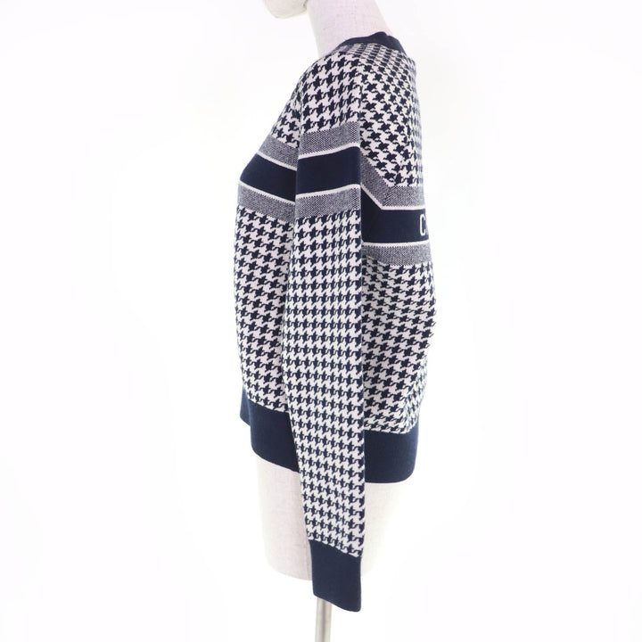 極美品☆Christian Dior クリスチャンディオール 214S10AM045 カシミヤ ロゴ入り 千鳥格子 長袖ニット ネイビー ホワイト 38 伊製 正規品