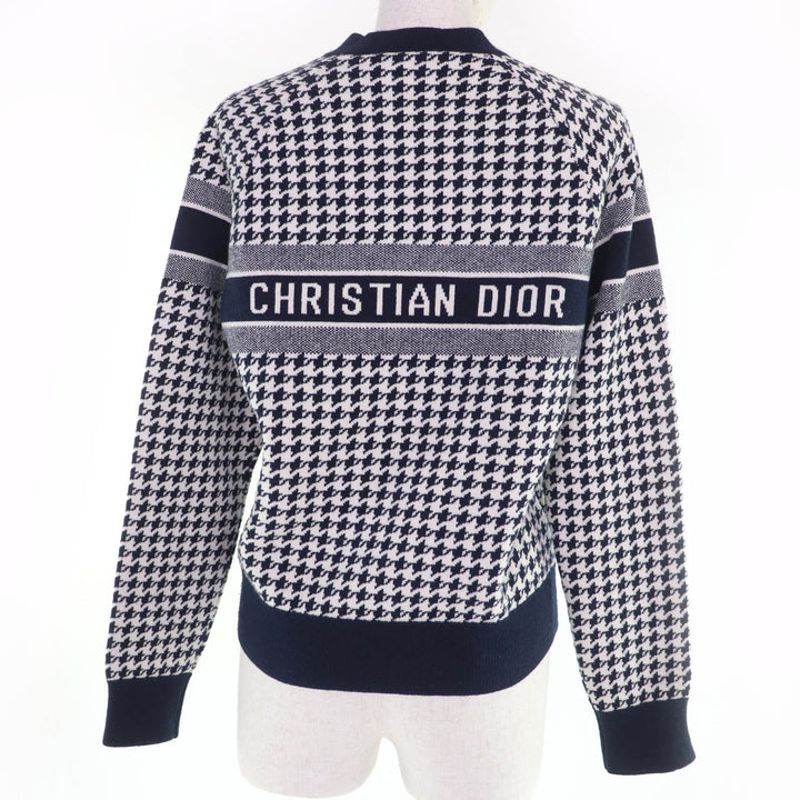 極美品☆Christian Dior クリスチャンディオール 214S10AM045 カシミヤ ロゴ入り 千鳥格子 長袖ニット ネイビー ホワイト 38 伊製 正規品