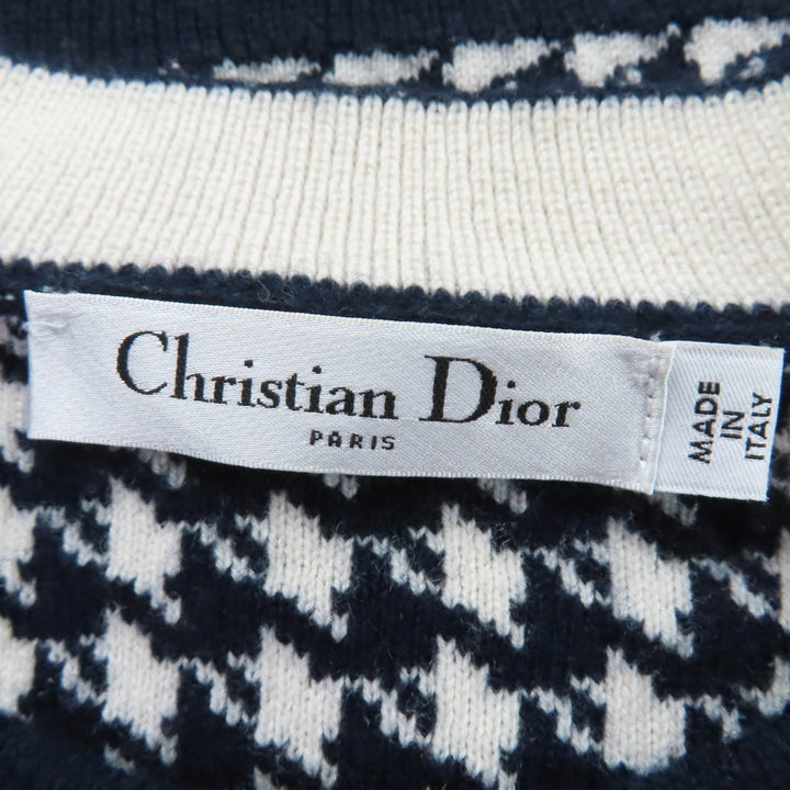 極美品☆Christian Dior クリスチャンディオール 214S10AM045 カシミヤ ロゴ入り 千鳥格子 長袖ニット ネイビー ホワイト 38 伊製 正規品