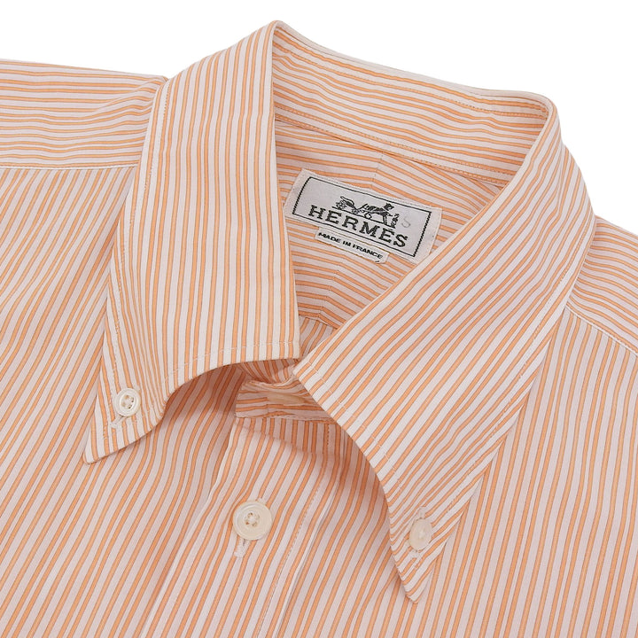 美品▲HERMES エルメス コットン100％ セリエボタン付き ストライプ柄 ボタンダウン 長袖シャツ オレンジ 41 フランス製 正規品 メンズ