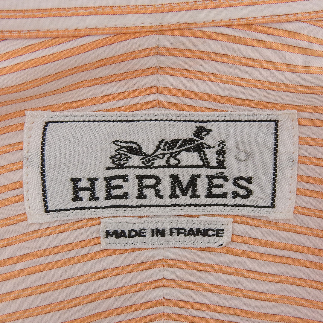 美品▲HERMES エルメス コットン100％ セリエボタン付き ストライプ柄 ボタンダウン 長袖シャツ オレンジ 41 フランス製 正規品 メンズ
