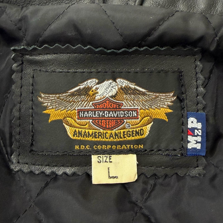 美品□HARLEY DAVIDSON ハーレーダビッドソン 3000048SM 牛革 中綿 ロゴボタン ダブルライダースジャケット ブラック L 正規品 メンズ
