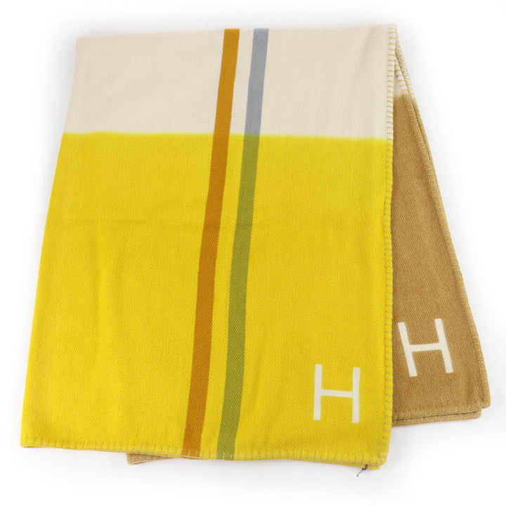 未使用品☆HERMES エルメス ダイサングル ブランケット カシミヤ100％ シトロン パイユ Hロゴ 150×200cm 大判 レディース