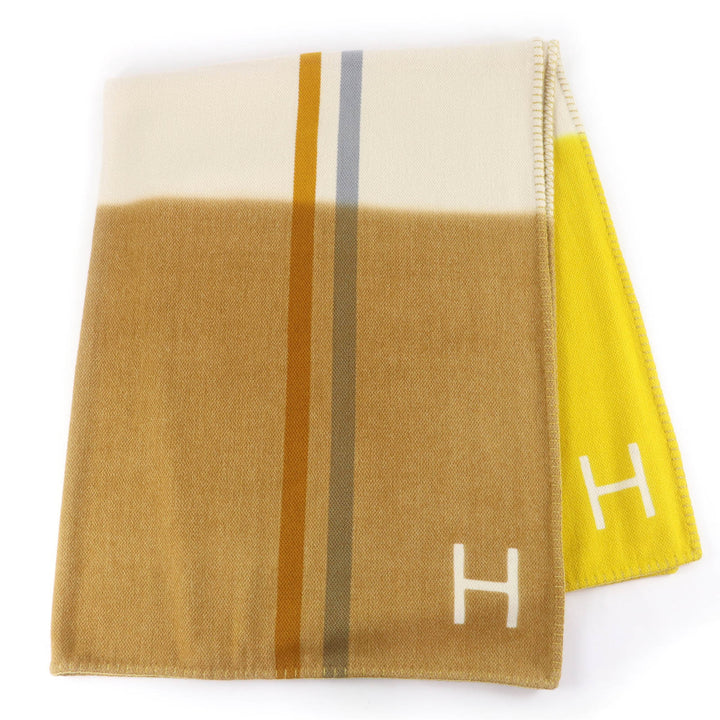 未使用品☆HERMES エルメス ダイサングル ブランケット カシミヤ100％ シトロン パイユ Hロゴ 150×200cm 大判 レディース