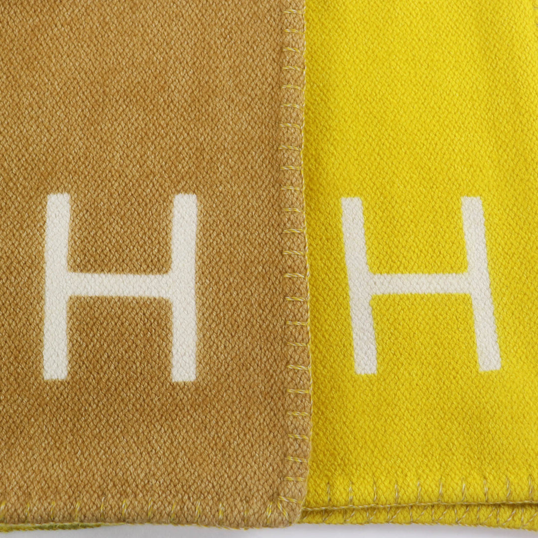 未使用品☆HERMES エルメス ダイサングル ブランケット カシミヤ100％ シトロン パイユ Hロゴ 150×200cm 大判 レディース
