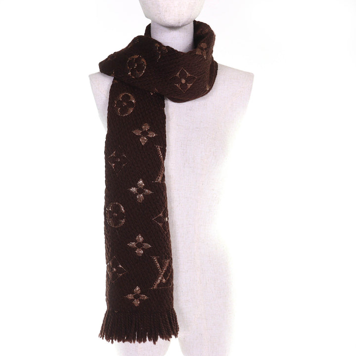 美品△LOUIS VUITTON ルイヴィトン M71383 エシャルプ ロゴマニア シャイン ウール シルク マフラー マロン ブラウン イタリア製 正規品