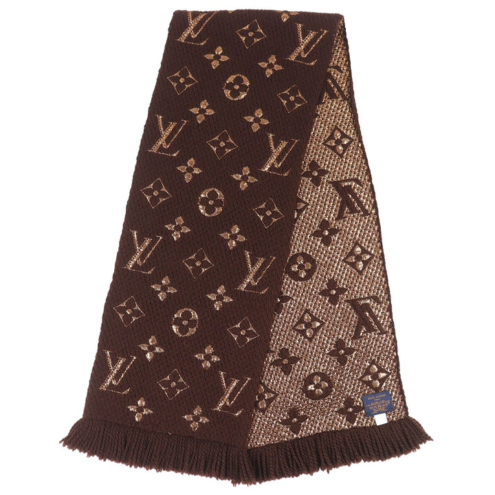 美品△LOUIS VUITTON ルイヴィトン M71383 エシャルプ ロゴマニア シャイン ウール シルク マフラー マロン ブラウン イタリア製 正規品