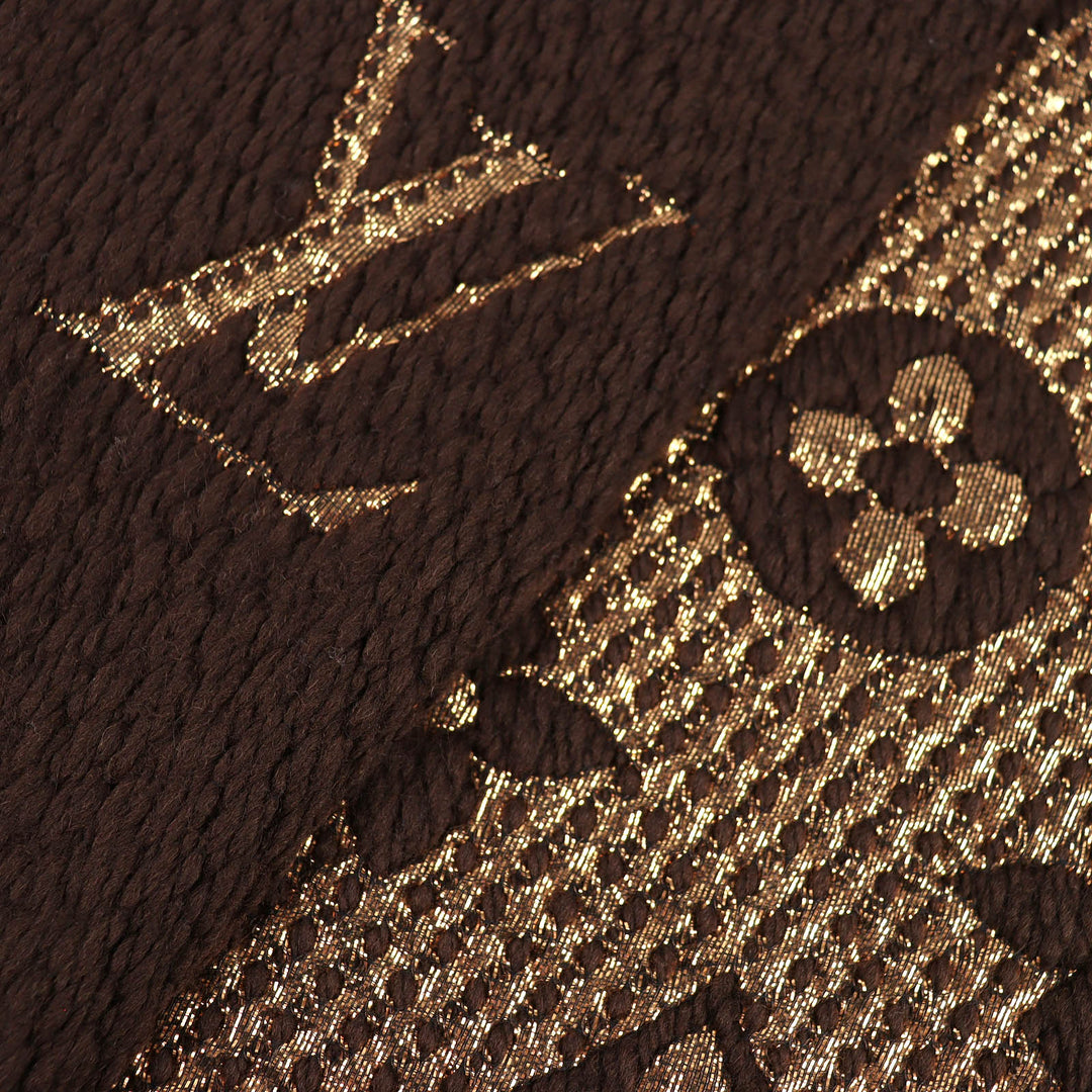 美品△LOUIS VUITTON ルイヴィトン M71383 エシャルプ ロゴマニア シャイン ウール シルク マフラー マロン ブラウン イタリア製 正規品