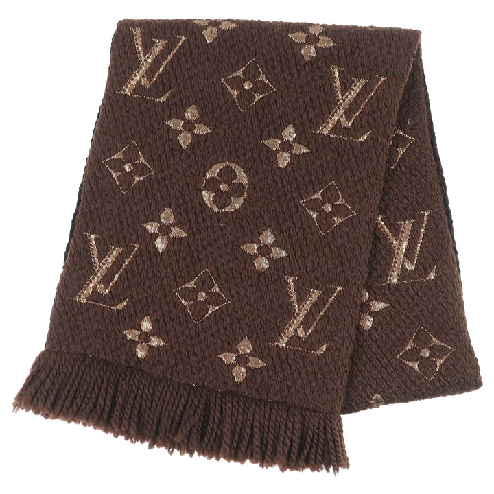 美品△LOUIS VUITTON ルイヴィトン M71383 エシャルプ ロゴマニア シャイン ウール シルク マフラー マロン ブラウン イタリア製 正規品