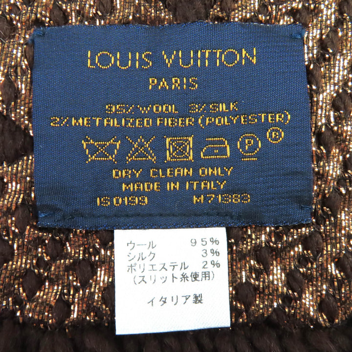美品△LOUIS VUITTON ルイヴィトン M71383 エシャルプ ロゴマニア シャイン ウール シルク マフラー マロン ブラウン イタリア製 正規品